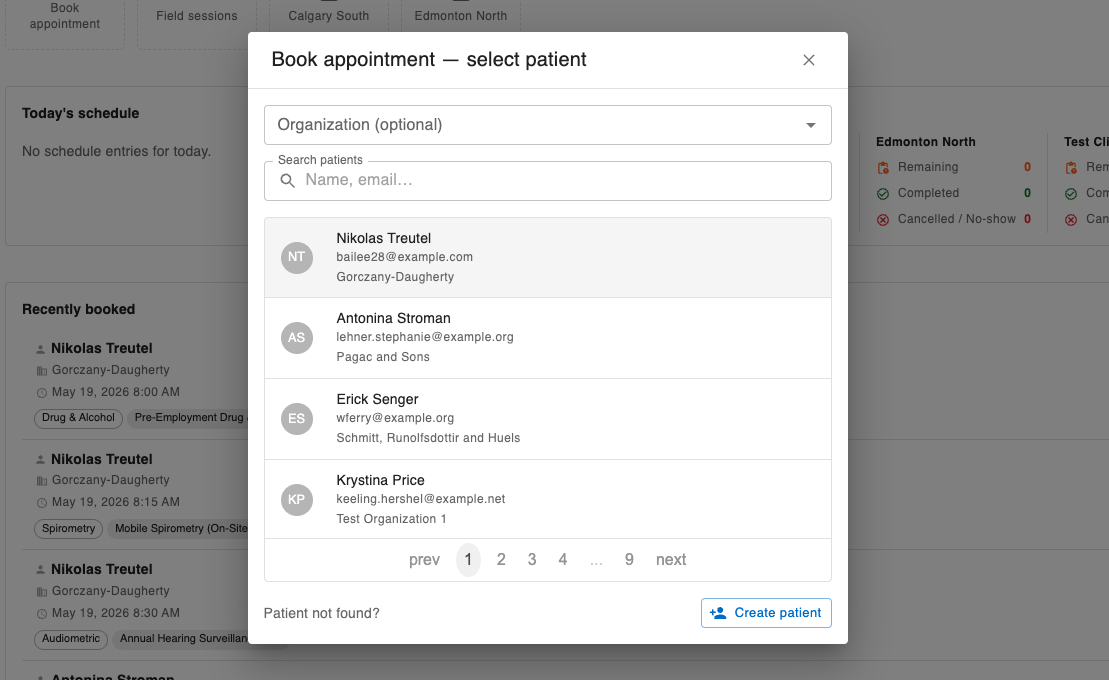 OccuHealthSoft appointment reason and type selection step
