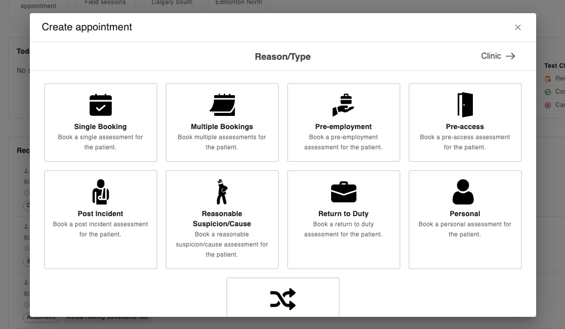 OccuHealthSoft clinic selection step for the appointment booking flow