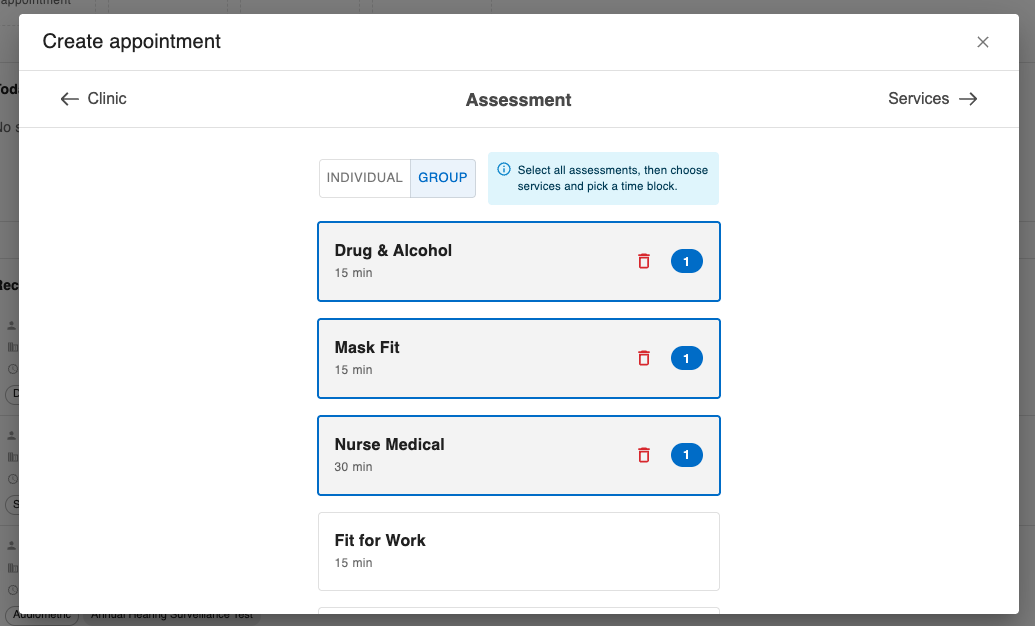 OccuHealthSoft service selection step inside the booking flow