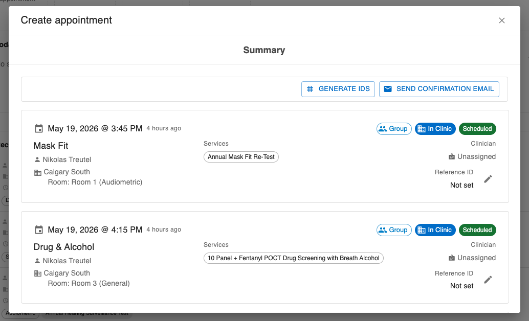 OccuHealthSoft appointment booking flow review screen