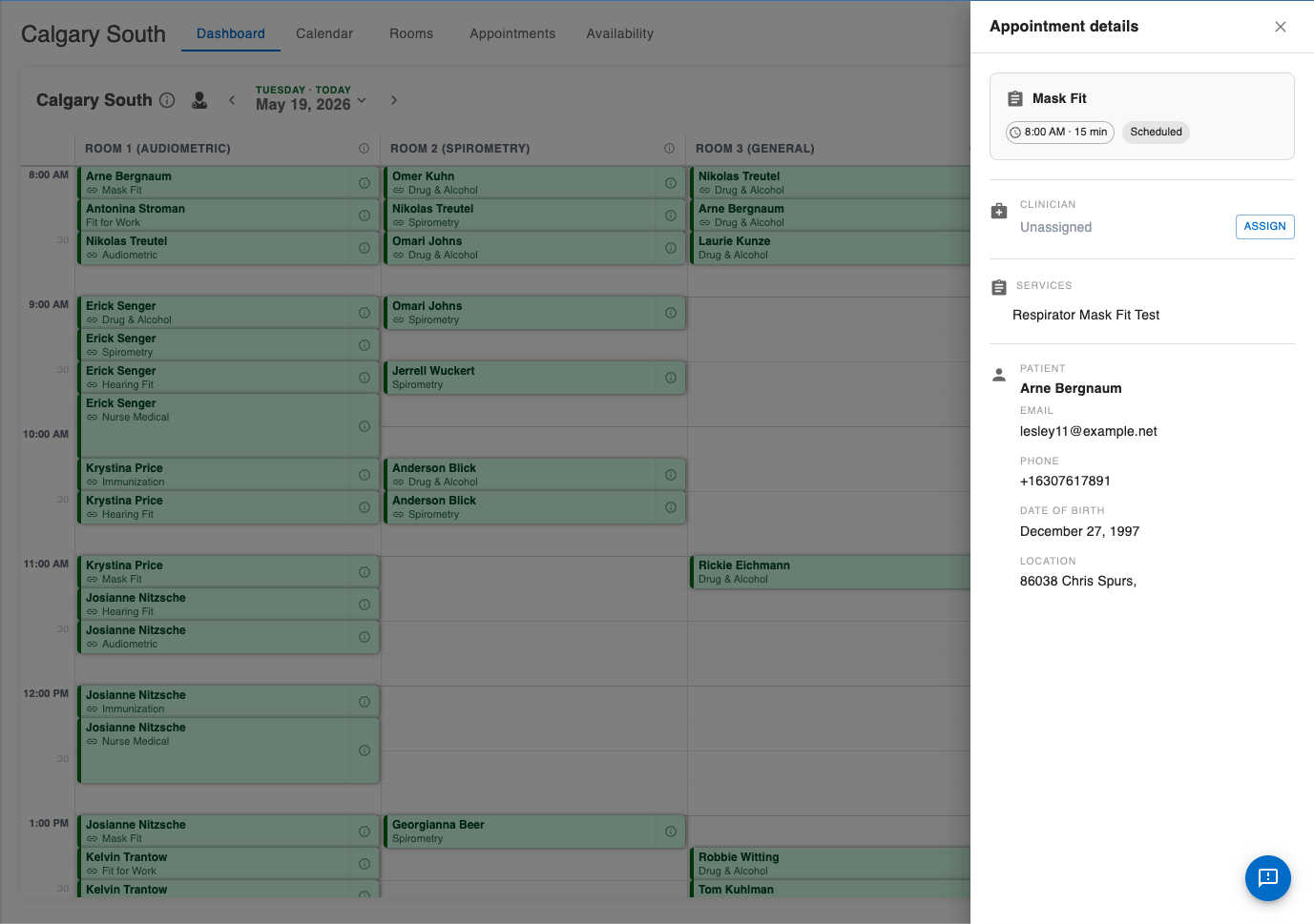 OccuHealthSoft scheduling view showing calendar and room visibility