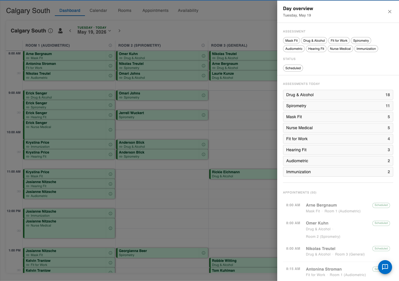 OccuHealthSoft scheduling view showing calendar and room visibility