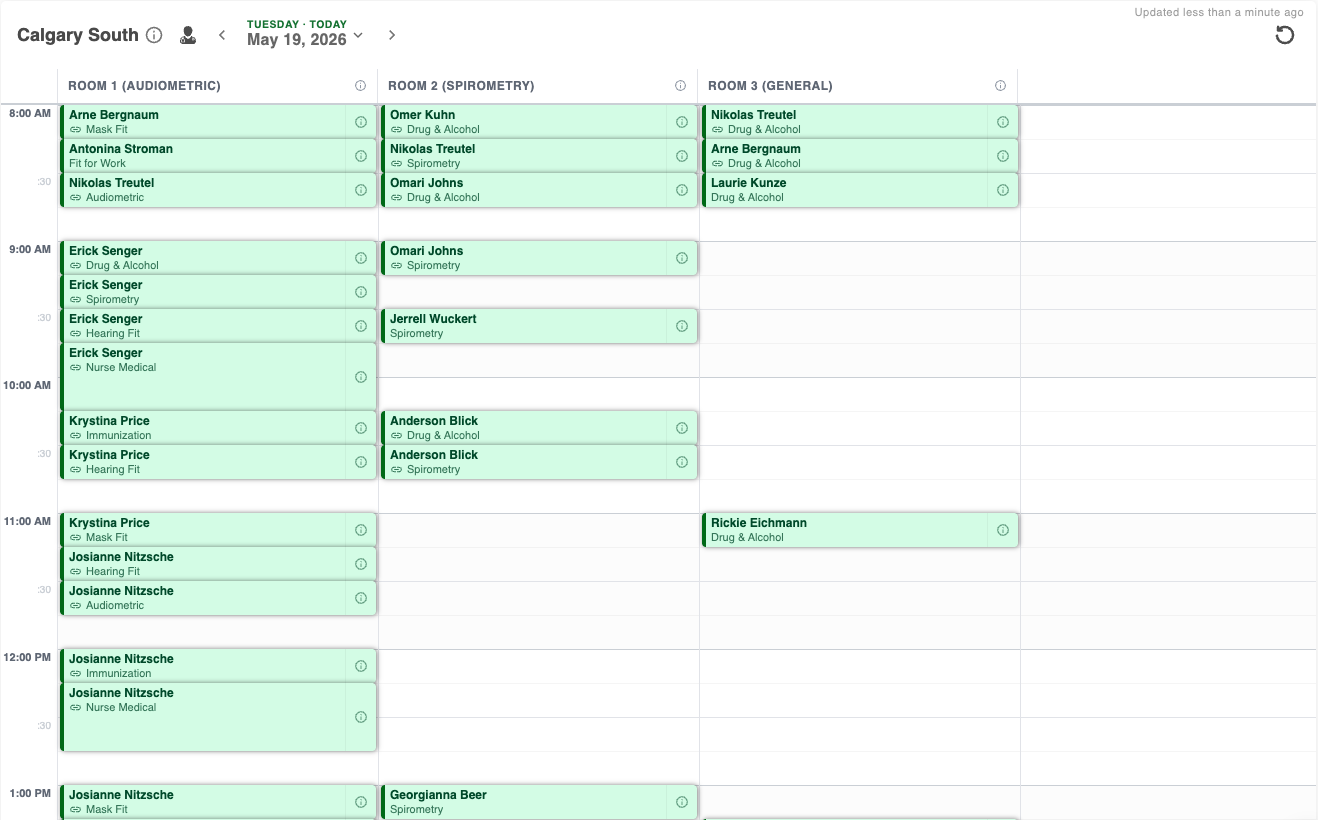 OccuHealthSoft scheduling view showing calendar and room visibility
