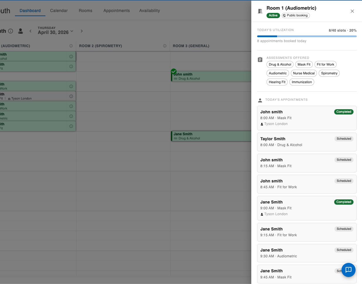OccuHealthSoft scheduling view with room-by-room side drawer open