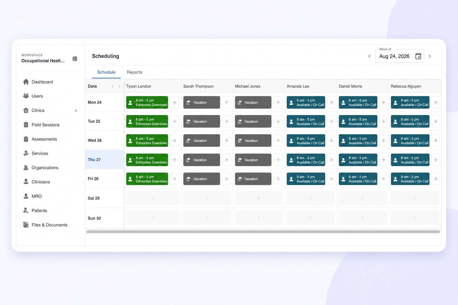 OccuHealthSoft calendar and room-planning view